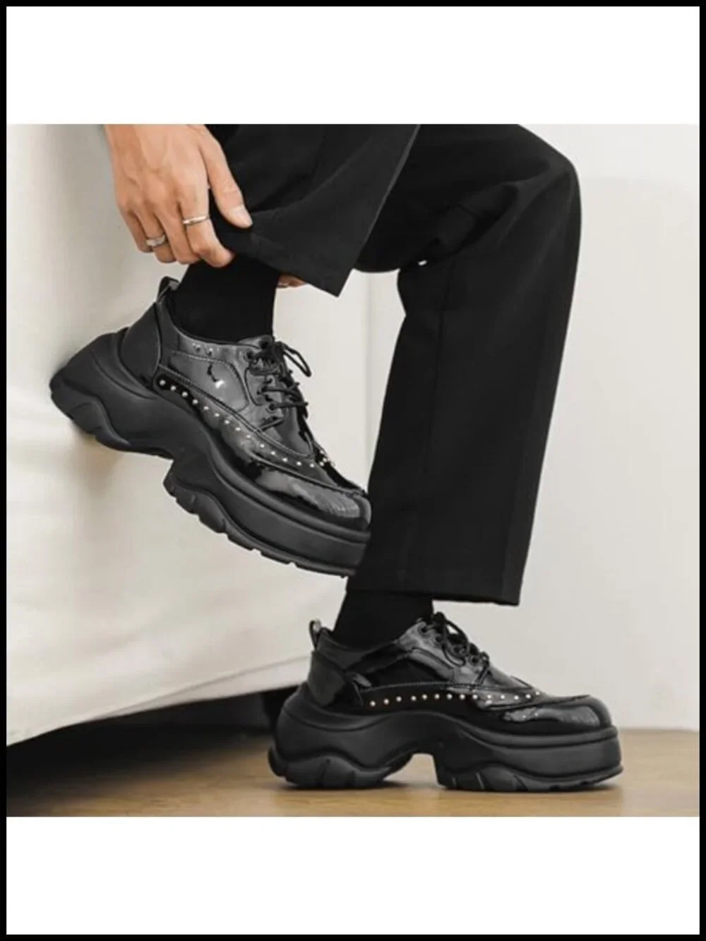 Patent Leather Pointed Toe Motorcycle Boots with Stud Details